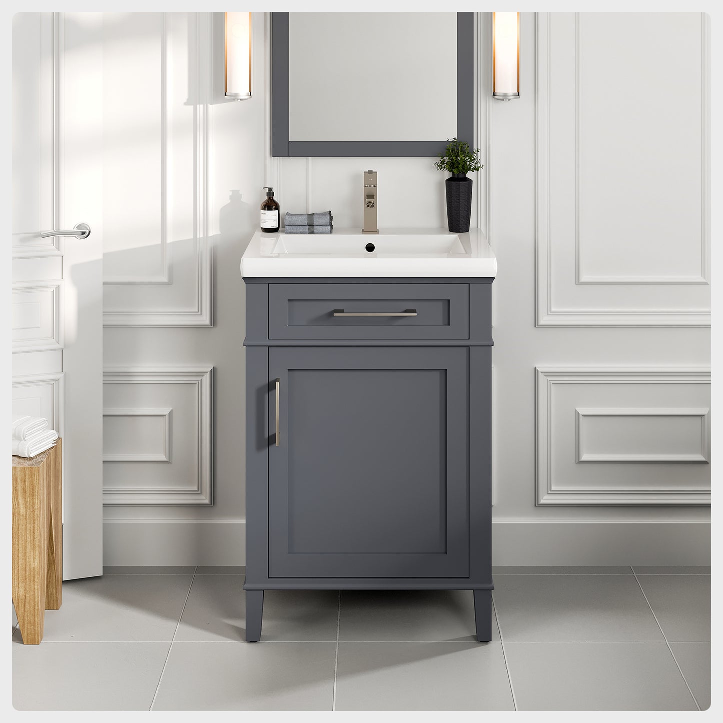 EVIVA Garci 24 Inch Transitional Dark Grey Style Bathroom Vanity with Porcelain Top