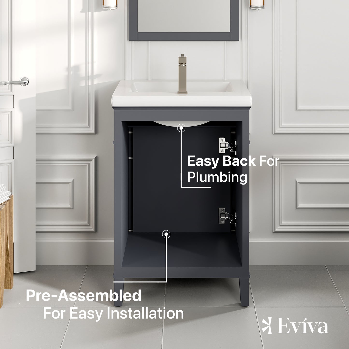 EVIVA Garci 24 Inch Transitional Dark Grey Style Bathroom Vanity with Porcelain Top