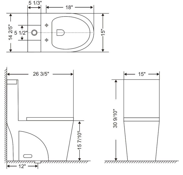 ONE PIECE OVAL TOILET WITH SOFT CLOSING SEAT AND DUAL FLUSH HEIGHT 30 9/10"