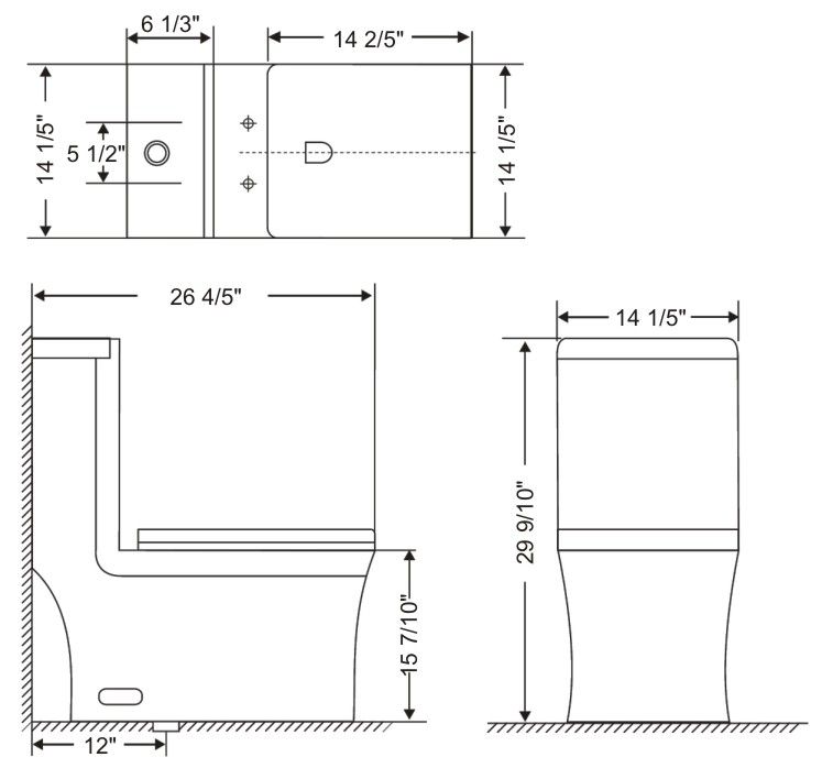 ONE PIECE SQUARE TOILET WITH SOFT CLOSING SEAT AND DUAL FLUSH HEIGHT 29 9/10"